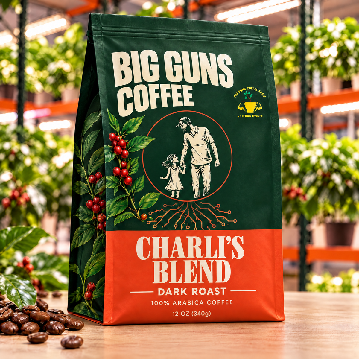 Charli's Blend dark roast coffee packaging with forest green top, orange bottom and father-daughter artwork