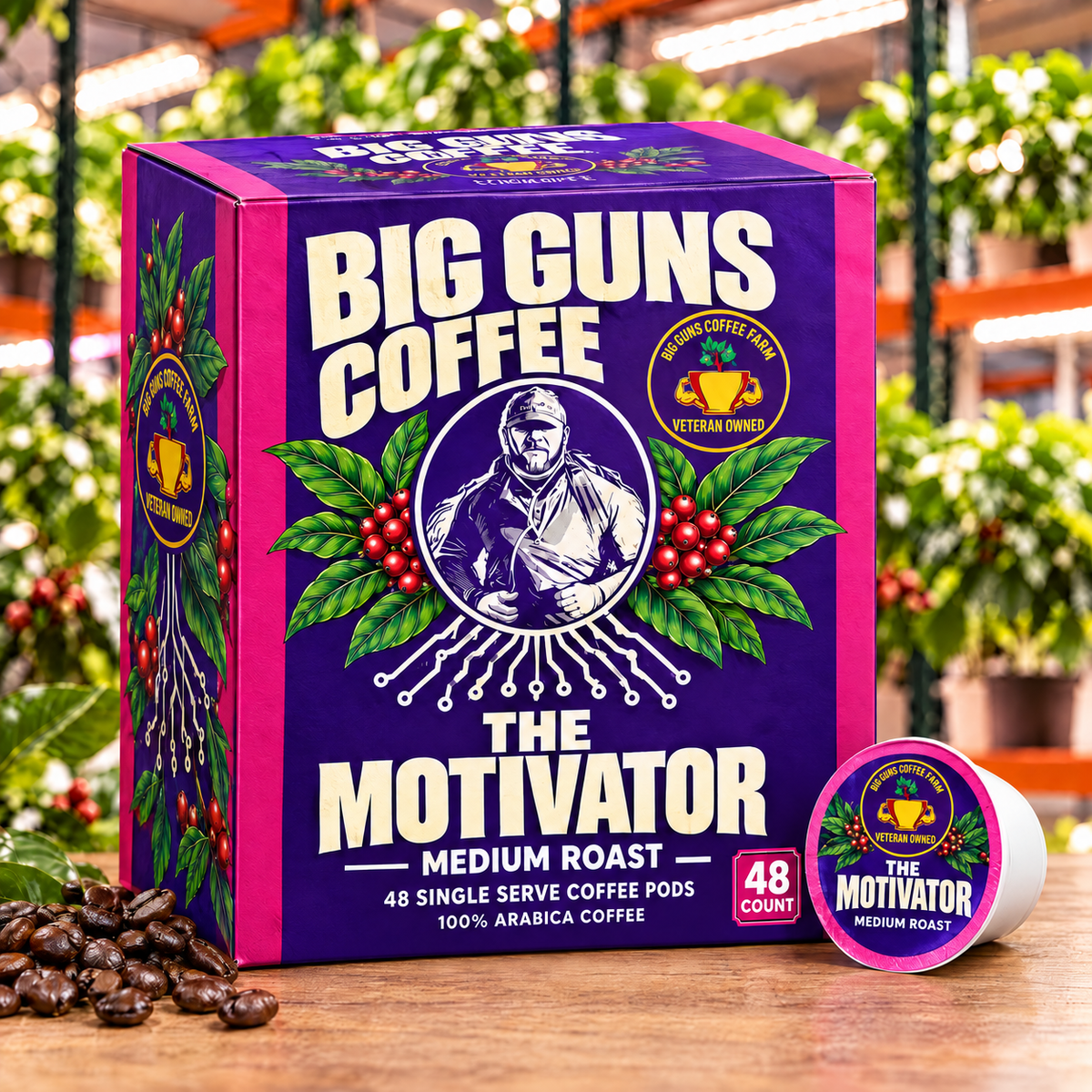 Big Guns Coffee The Motivator medium roast 48-count single-serve coffee pod box packaging with purple portrait design, coffee cherries and indoor farm background