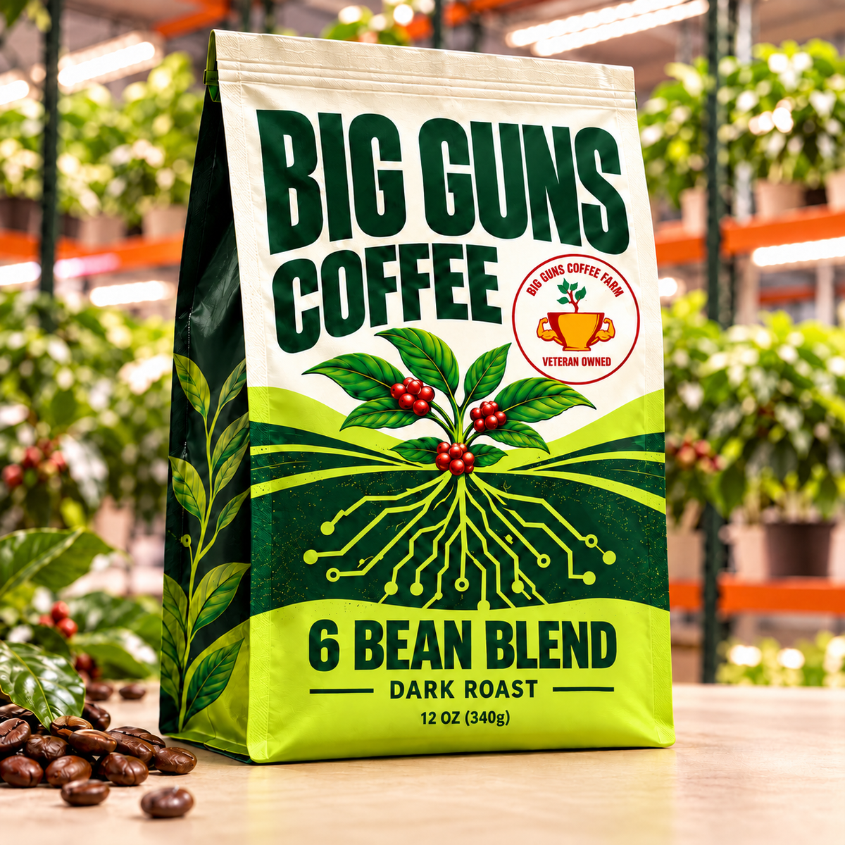 Big Guns Coffee 6 Bean Blend packaging: bright ag-tech bag with red coffee cherries, coffee beans and indoor coffee farm background