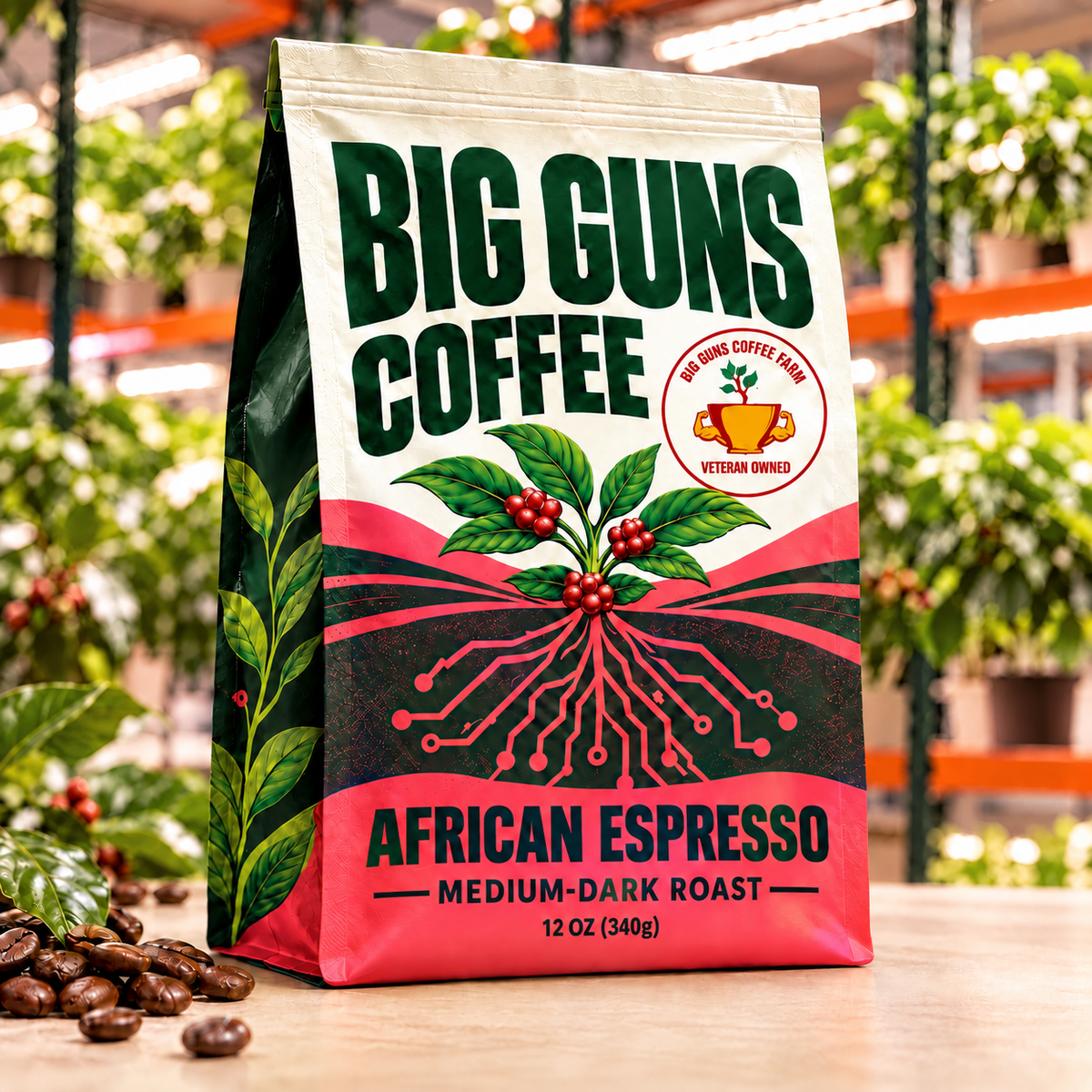 Big Guns Coffee African Espresso packaging: bright ag-tech bag with red coffee cherries, coffee beans and indoor coffee farm background