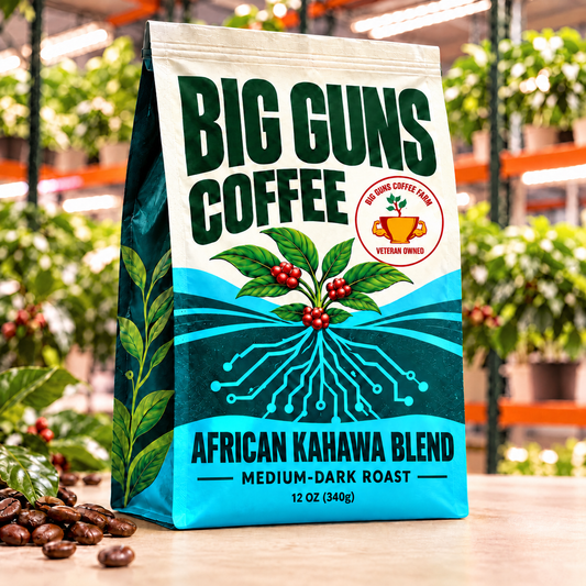 Big Guns Coffee African Kahawa Blend packaging: bright ag-tech bag with red coffee cherries, coffee beans and indoor coffee farm background