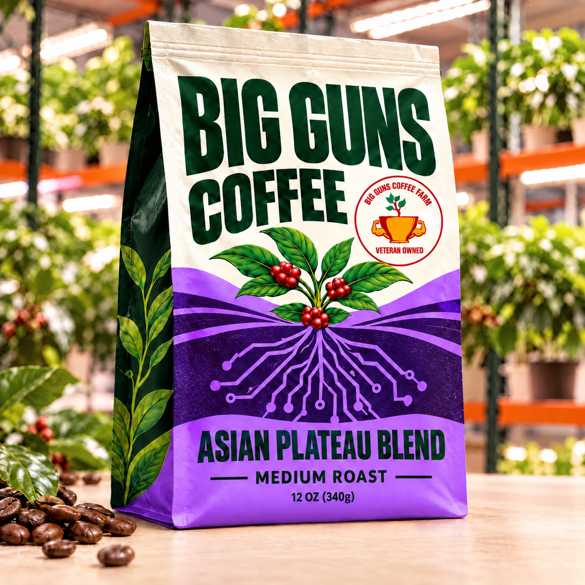 Big Guns Coffee Asian Plateau Blend packaging: bright ag-tech bag with red coffee cherries, coffee beans and indoor coffee farm background