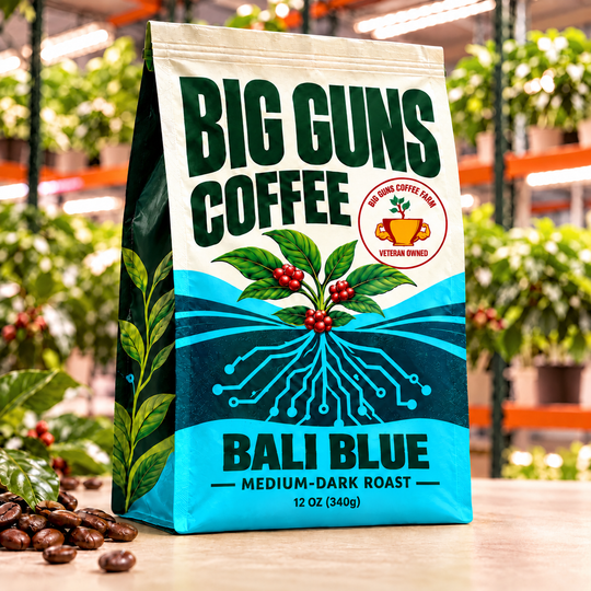 Big Guns Coffee Bali Blue packaging: bright ag-tech bag with red coffee cherries, coffee beans and indoor coffee farm background