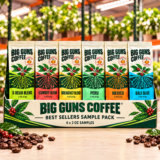 Big Guns Coffee Best Sellers Sample Pack: 6Bean, Cowboy, Breakfast, Peru, Mexico, Bali packaging: bright ag-tech bag with red coffee cherries, coffee beans and indoor coffee farm background