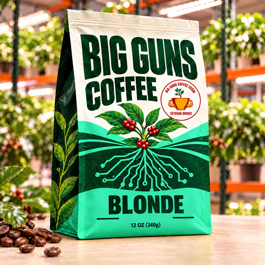Big Guns Coffee Blonde packaging: bright ag-tech bag with red coffee cherries, coffee beans and indoor coffee farm background
