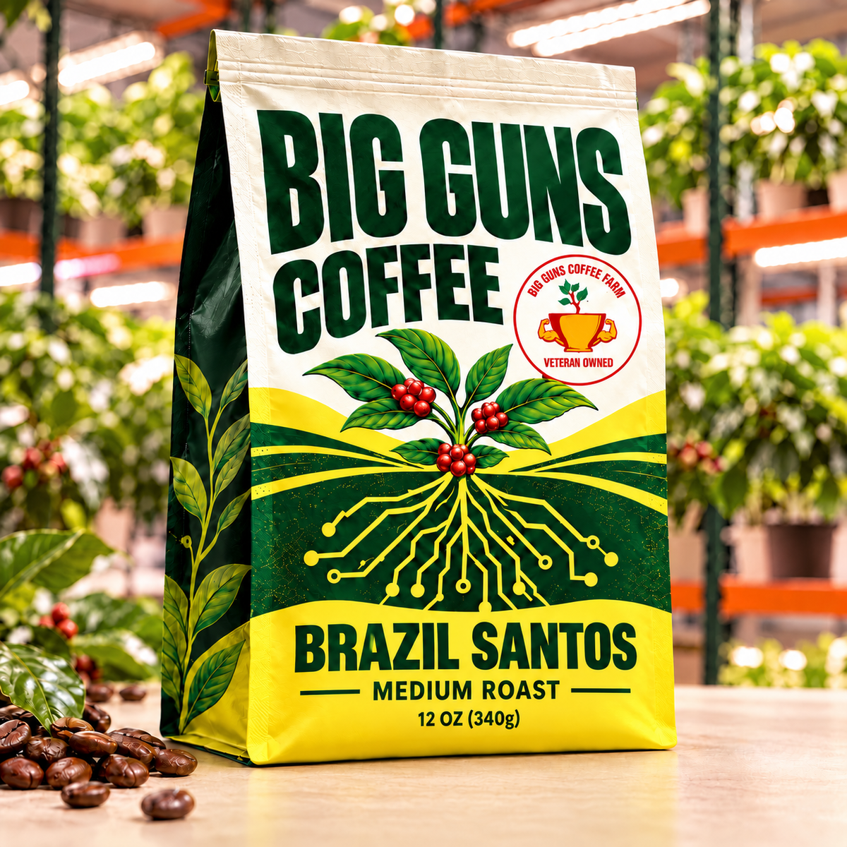 Big Guns Coffee Brazil Santos packaging: bright ag-tech bag with red coffee cherries, coffee beans and indoor coffee farm background