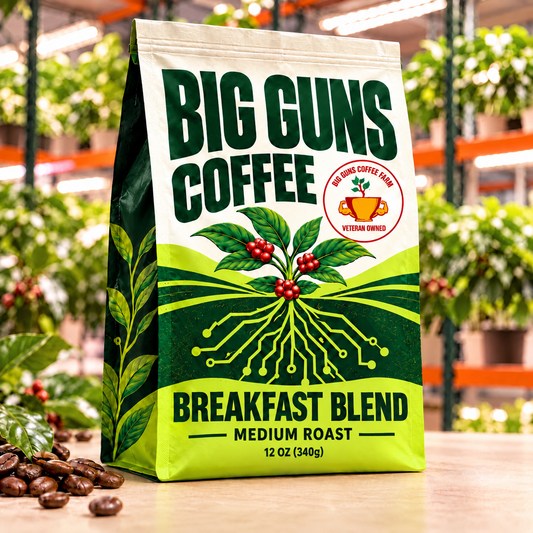 Big Guns Coffee Breakfast Blend packaging: bright ag-tech bag with red coffee cherries, coffee beans and indoor coffee farm background