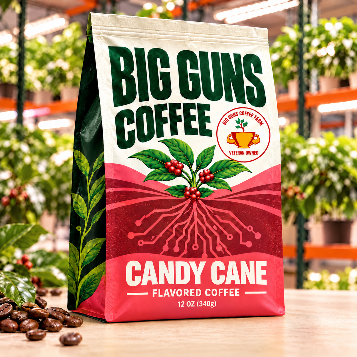 Big Guns Coffee Candy Cane packaging: bright ag-tech bag with red coffee cherries, coffee beans and indoor coffee farm background