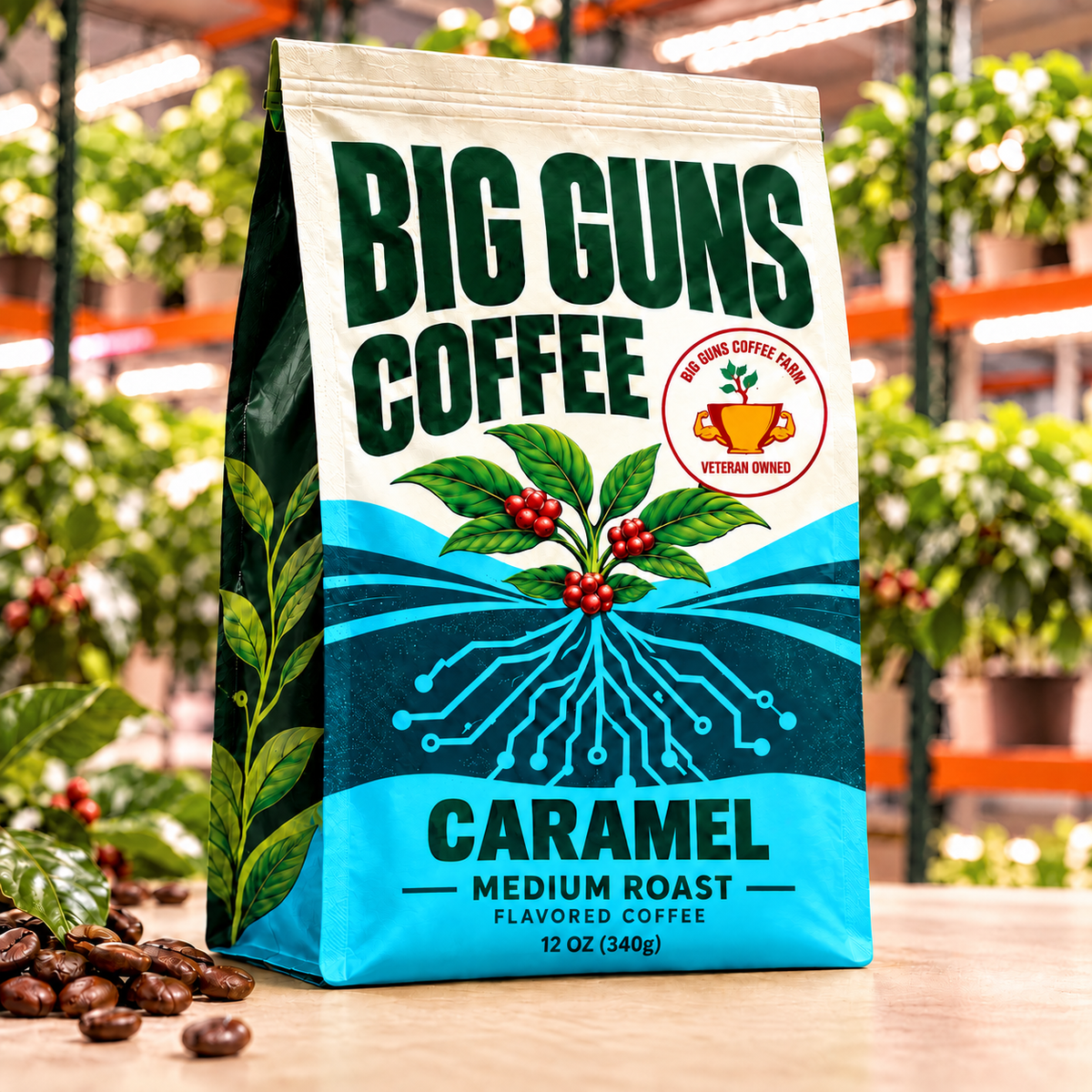 Big Guns Coffee Caramel packaging: bright ag-tech bag with red coffee cherries, coffee beans and indoor coffee farm background