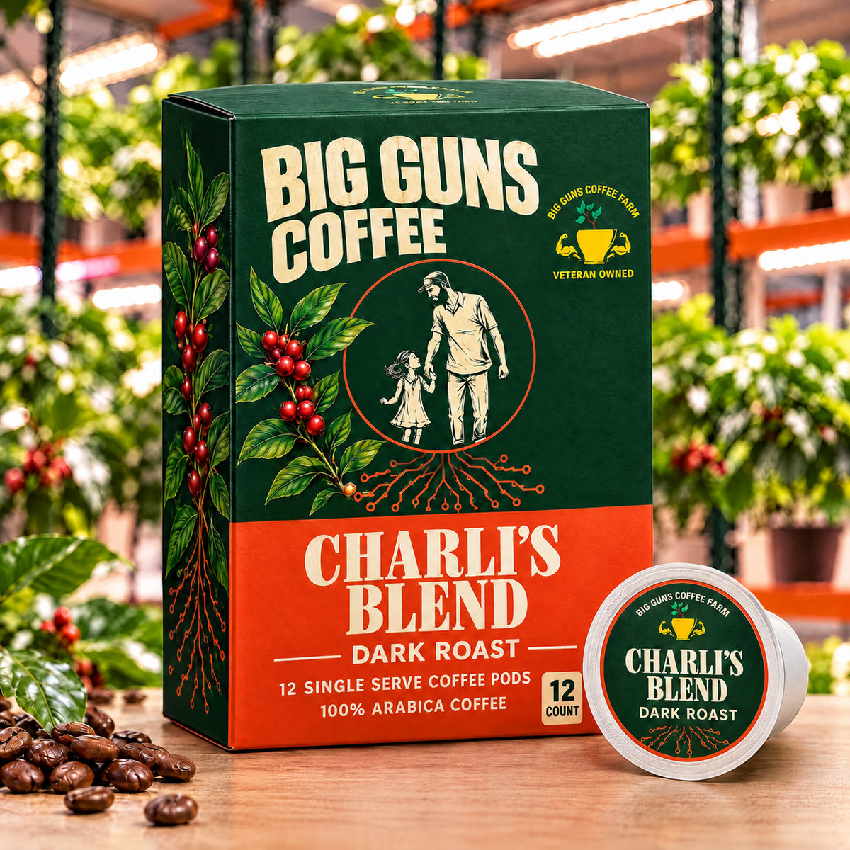 Big Guns Coffee Charli's Blend dark roast 12-count single-serve coffee pod box packaging with green and orange father-daughter design, coffee cherries and indoor farm background