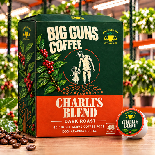 Big Guns Coffee Charli's Blend dark roast 48-count single-serve coffee pod box packaging with green and orange father-daughter design, coffee cherries and indoor farm background