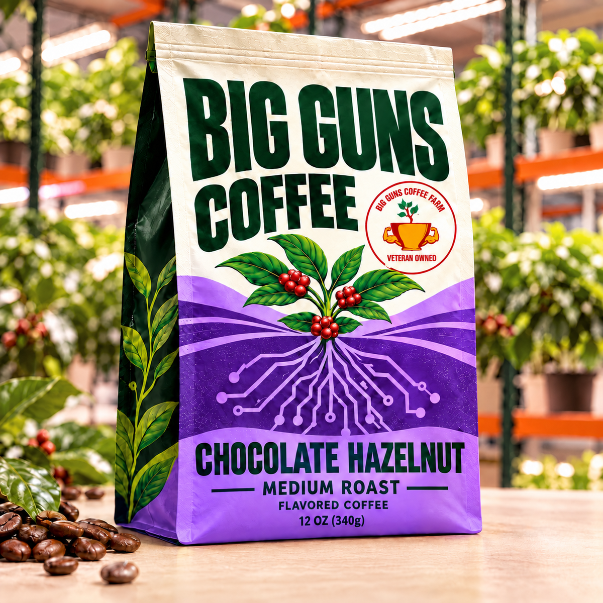 Big Guns Coffee Chocolate Hazelnut packaging: bright ag-tech bag with red coffee cherries, coffee beans and indoor coffee farm background