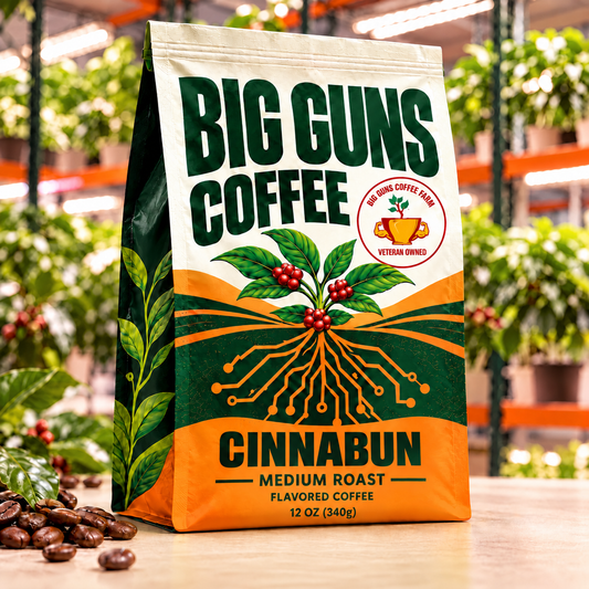 Big Guns Coffee Cinnabun packaging: bright ag-tech bag with red coffee cherries, coffee beans and indoor coffee farm background
