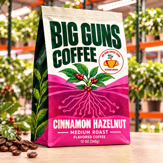 Big Guns Coffee Cinnamon Hazelnut packaging: bright ag-tech bag with red coffee cherries, coffee beans and indoor coffee farm background