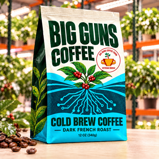 Big Guns Coffee Cold Brew Coffee packaging: bright ag-tech bag with red coffee cherries, coffee beans and indoor coffee farm background