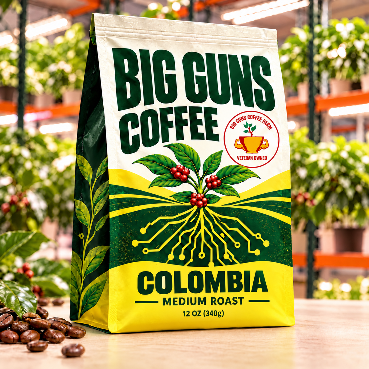 Big Guns Coffee Colombia packaging: bright ag-tech bag with red coffee cherries, coffee beans and indoor coffee farm background