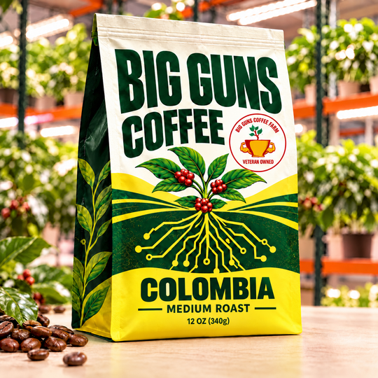 Big Guns Coffee Colombia packaging: bright ag-tech bag with red coffee cherries, coffee beans and indoor coffee farm background