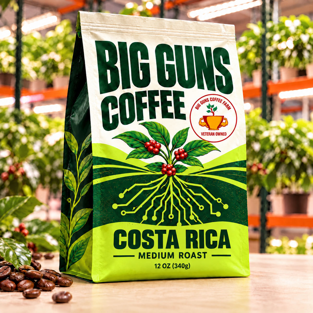 Big Guns Coffee Costa Rica packaging: bright ag-tech bag with red coffee cherries, coffee beans and indoor coffee farm background