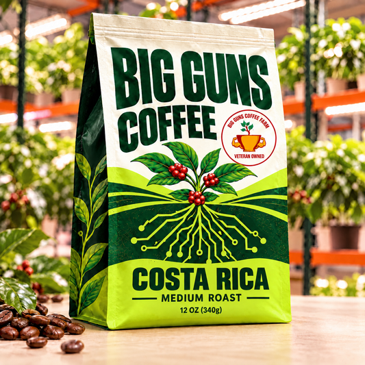 Big Guns Coffee Costa Rica packaging: bright ag-tech bag with red coffee cherries, coffee beans and indoor coffee farm background