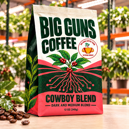 Big Guns Coffee Cowboy Blend packaging: bright ag-tech bag with red coffee cherries, coffee beans and indoor coffee farm background
