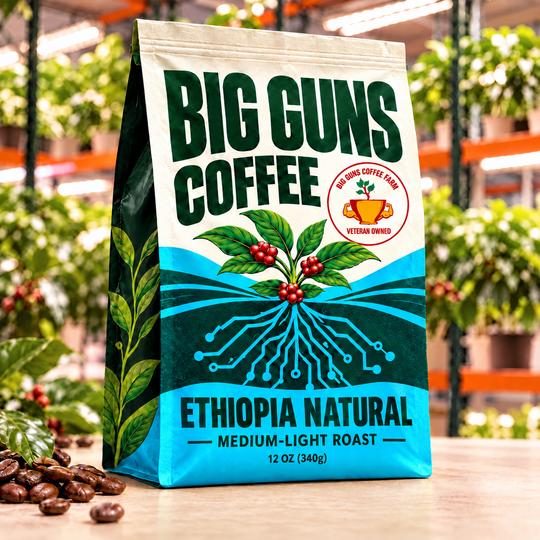 Big Guns Coffee Ethiopia Natural packaging: bright ag-tech bag with red coffee cherries, coffee beans and indoor coffee farm background