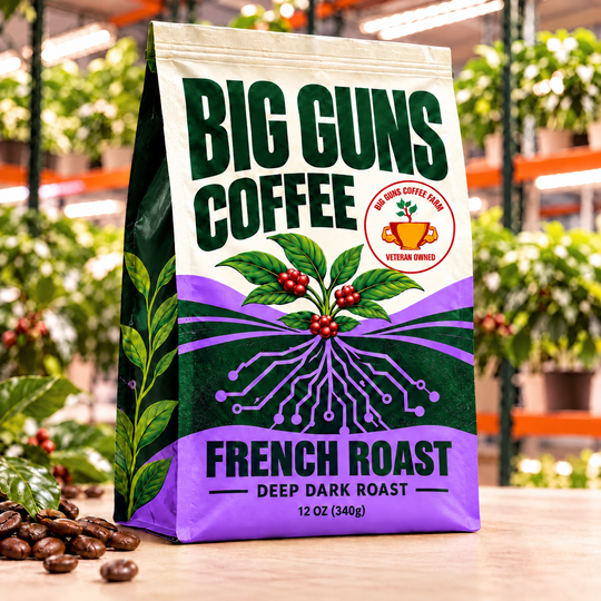 Big Guns Coffee French Roast packaging: bright ag-tech bag with red coffee cherries, coffee beans and indoor coffee farm background