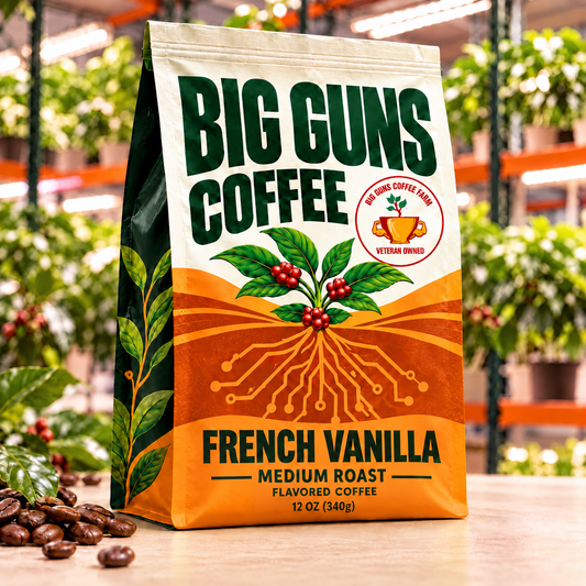 Big Guns Coffee French Vanilla packaging: bright ag-tech bag with red coffee cherries, coffee beans and indoor coffee farm background