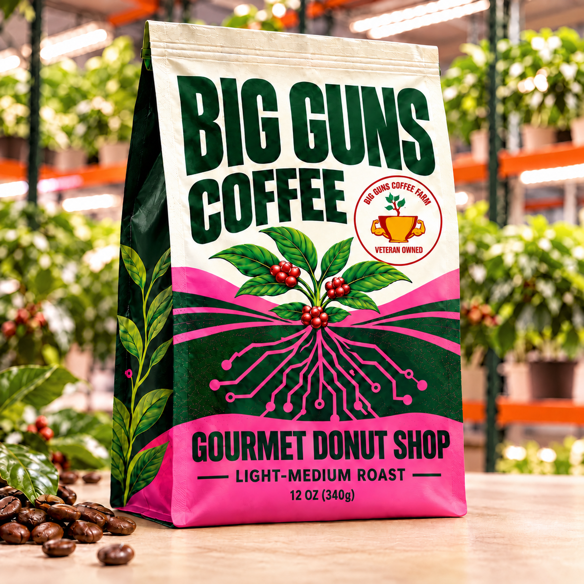 Big Guns Coffee Gourmet Donut Shop packaging: bright ag-tech bag with red coffee cherries, coffee beans and indoor coffee farm background