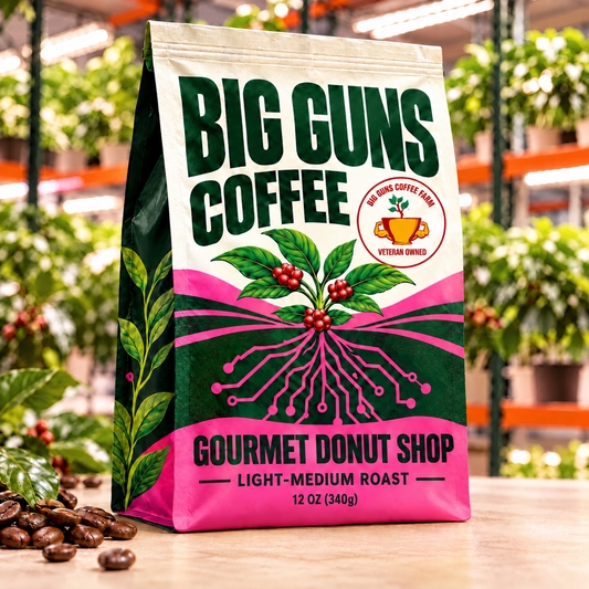 Big Guns Coffee Gourmet Donut Shop packaging: bright ag-tech bag with red coffee cherries, coffee beans and indoor coffee farm background