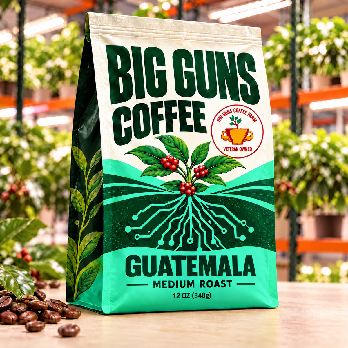 Big Guns Coffee Guatemala packaging: bright ag-tech bag with red coffee cherries, coffee beans and indoor coffee farm background