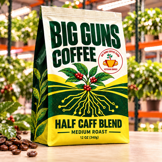 Big Guns Coffee Half Caff Blend packaging: bright ag-tech bag with red coffee cherries, coffee beans and indoor coffee farm background