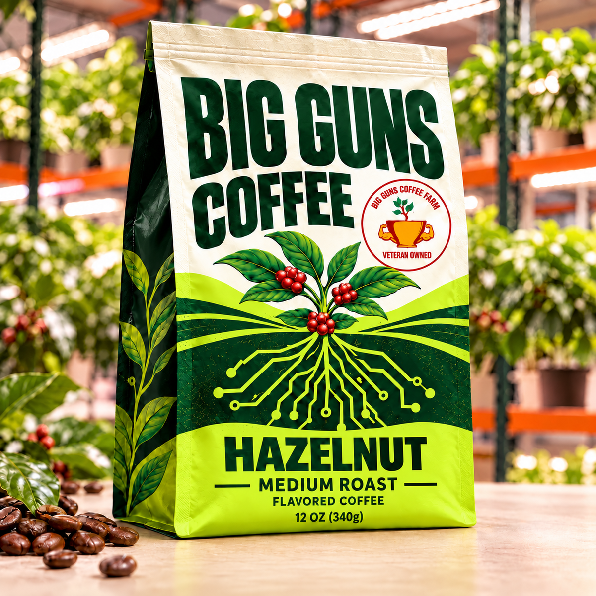Big Guns Coffee Hazelnut packaging: bright ag-tech bag with red coffee cherries, coffee beans and indoor coffee farm background