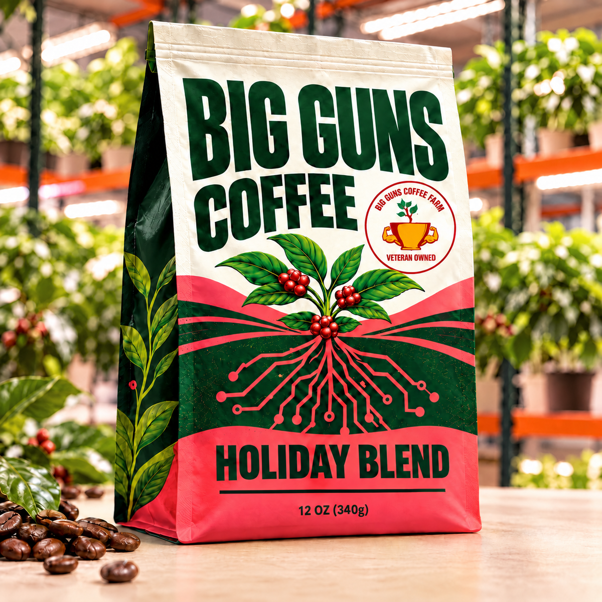 Big Guns Coffee Holiday Blend packaging: bright ag-tech bag with red coffee cherries, coffee beans and indoor coffee farm background