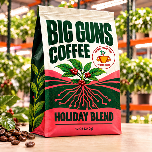 Big Guns Coffee Holiday Blend packaging: bright ag-tech bag with red coffee cherries, coffee beans and indoor coffee farm background