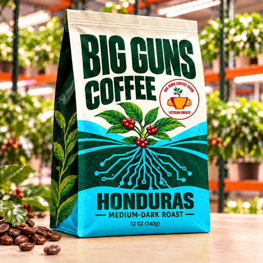 Big Guns Coffee Honduras packaging: bright ag-tech bag with red coffee cherries, coffee beans and indoor coffee farm background