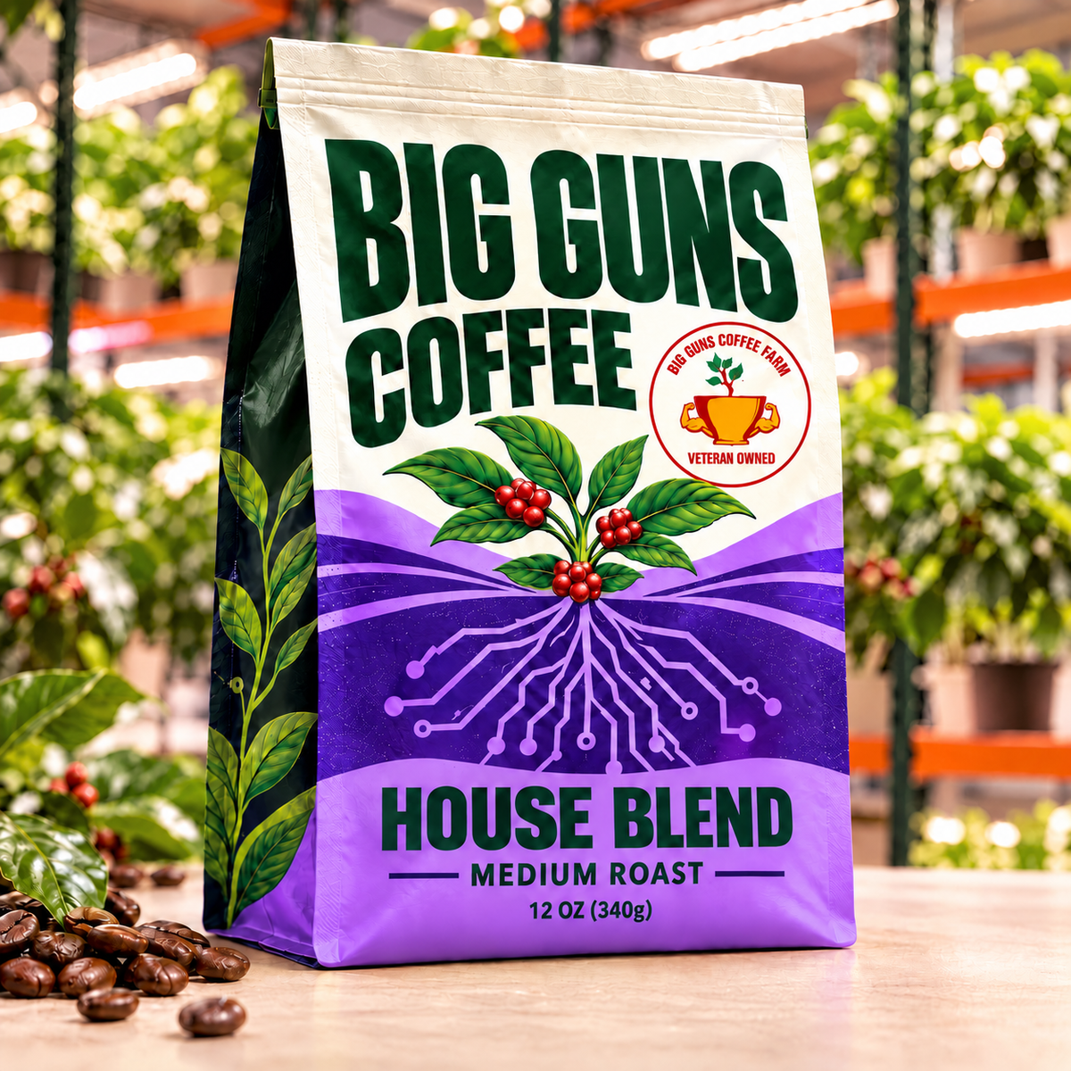 Big Guns Coffee House Blend packaging: bright ag-tech bag with red coffee cherries, coffee beans and indoor coffee farm background
