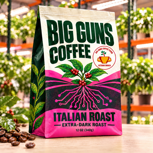 Big Guns Coffee Italian Roast packaging: bright ag-tech bag with red coffee cherries, coffee beans and indoor coffee farm background