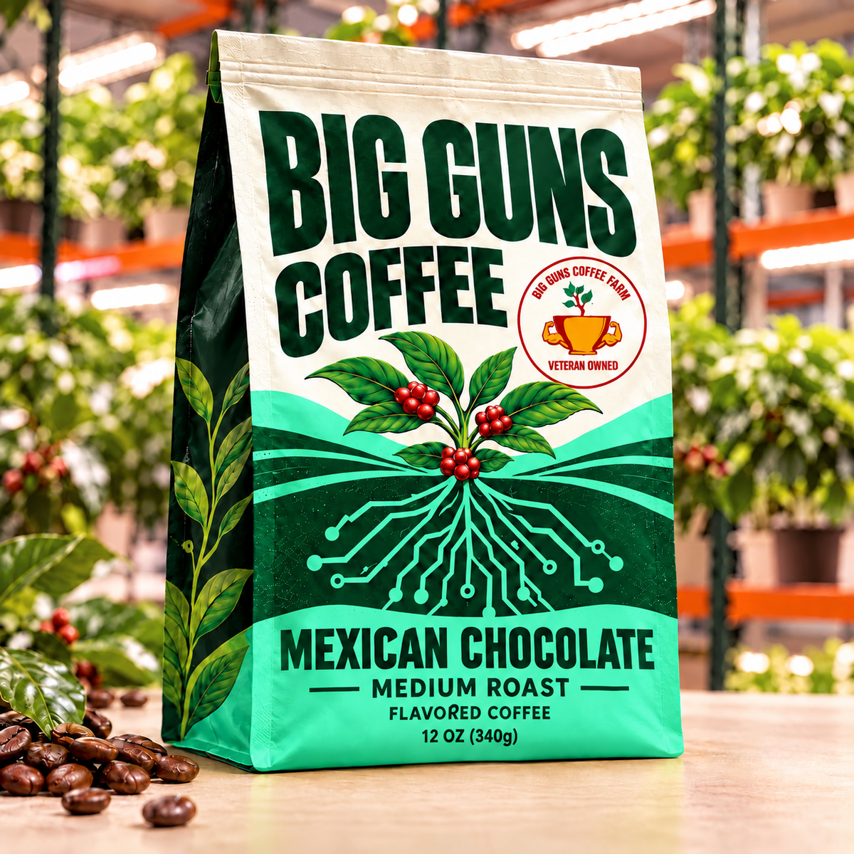 Big Guns Coffee Mexican Chocolate packaging: bright ag-tech bag with red coffee cherries, coffee beans and indoor coffee farm background
