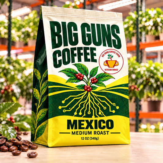 Big Guns Coffee Mexico packaging: bright ag-tech bag with red coffee cherries, coffee beans and indoor coffee farm background