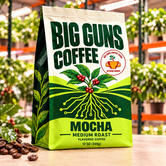Big Guns Coffee Mocha packaging: bright ag-tech bag with red coffee cherries, coffee beans and indoor coffee farm background