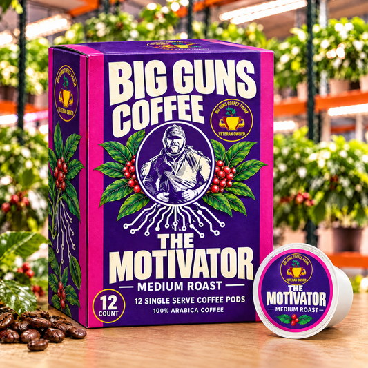 Big Guns Coffee The Motivator medium roast 12-count single-serve coffee pod box packaging with purple portrait design, coffee cherries and indoor farm background