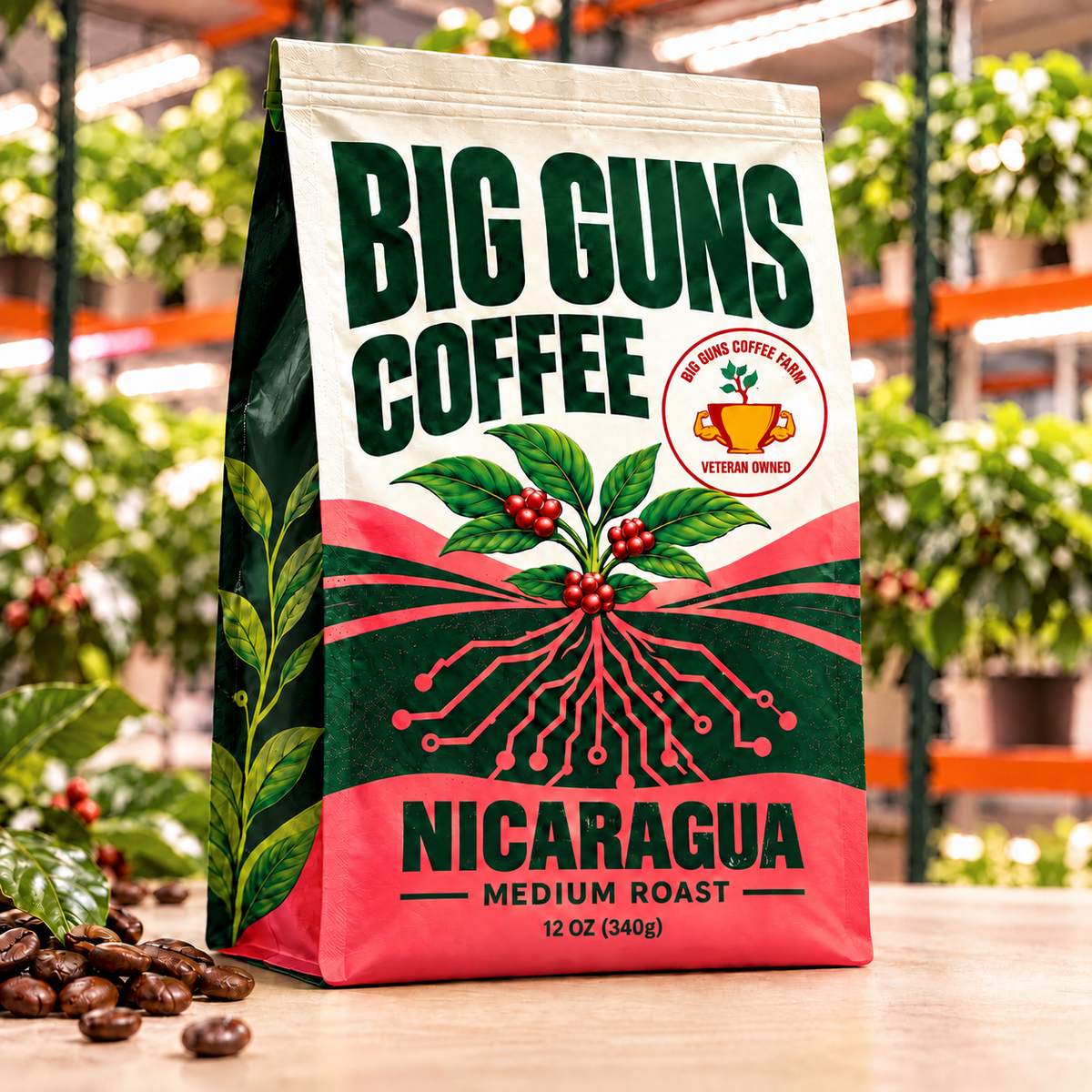Big Guns Coffee Nicaragua packaging: bright ag-tech bag with red coffee cherries, coffee beans and indoor coffee farm background