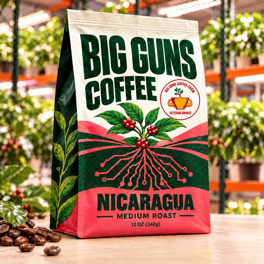 Big Guns Coffee Nicaragua packaging: bright ag-tech bag with red coffee cherries, coffee beans and indoor coffee farm background
