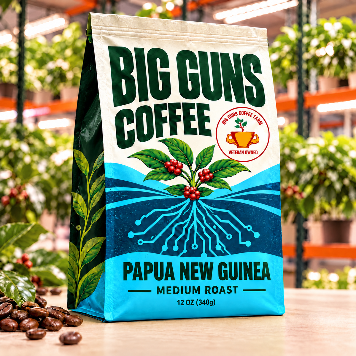 Big Guns Coffee Papua New Guinea packaging: bright ag-tech bag with red coffee cherries, coffee beans and indoor coffee farm background