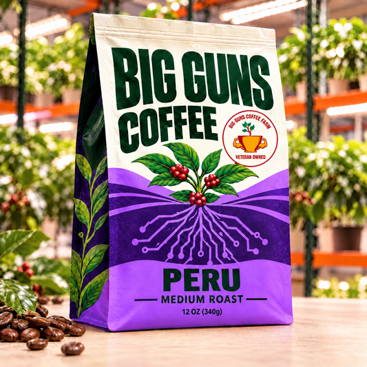 Big Guns Coffee Peru packaging: bright ag-tech bag with red coffee cherries, coffee beans and indoor coffee farm background