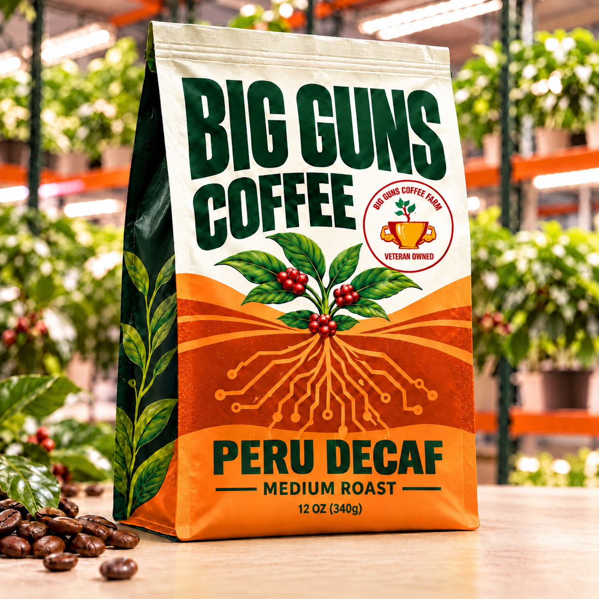 Big Guns Coffee Peru Decaf packaging: bright ag-tech bag with red coffee cherries, coffee beans and indoor coffee farm background