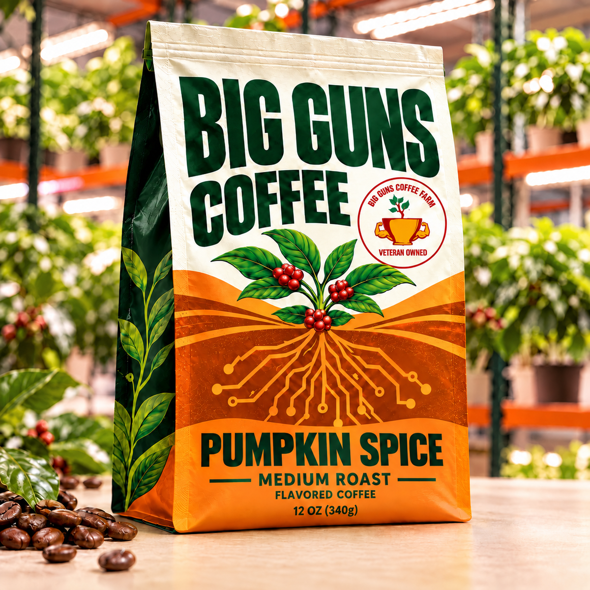 Big Guns Coffee Pumpkin Spice packaging: bright ag-tech bag with red coffee cherries, coffee beans and indoor coffee farm background