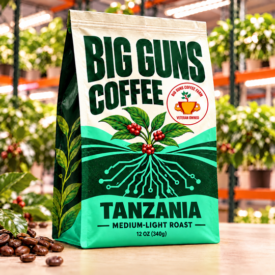 Big Guns Coffee Tanzania packaging: bright ag-tech bag with red coffee cherries, coffee beans and indoor coffee farm background