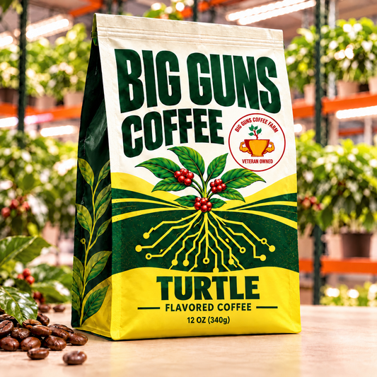 Big Guns Coffee Turtle packaging: bright ag-tech bag with red coffee cherries, coffee beans and indoor coffee farm background